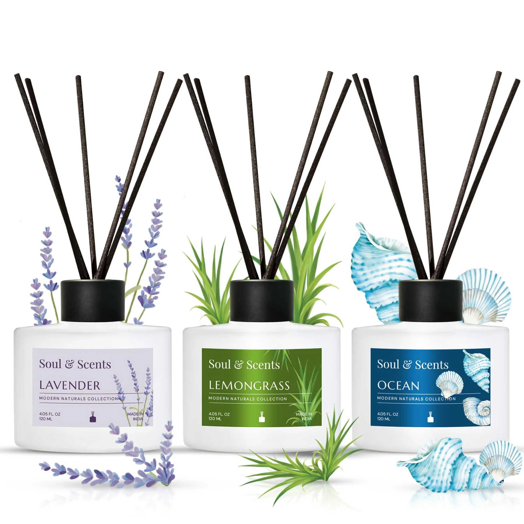 Набор ароматических диффузоров Soul & Scents: лаванда, лемонграсс и океан, 3 × 120 мл