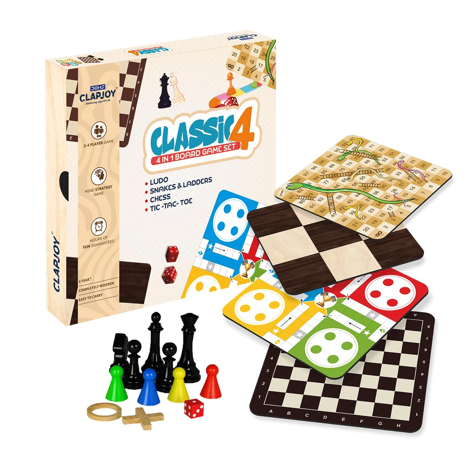 Деревянная настольная игра 4 в 1 "Clapjoy" — Лудо, шахматы, змеи и лестницы, крестики-нолики